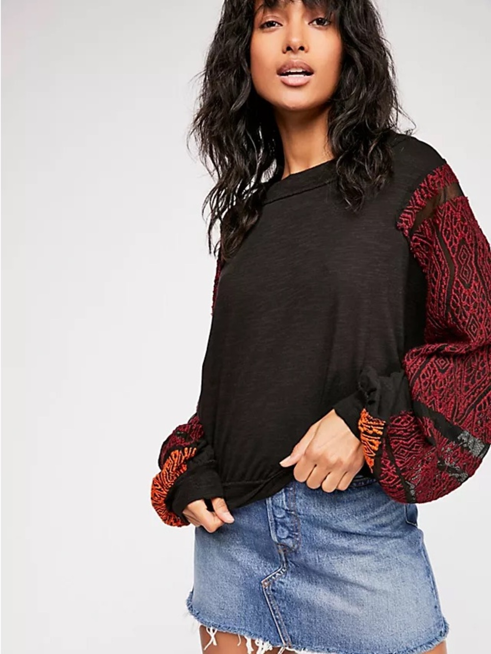 We the Free - Woven Sleeve Black Sweater